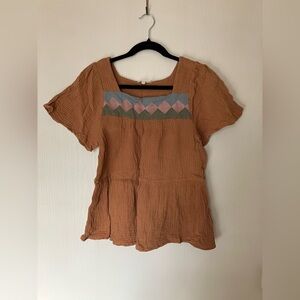 Entro Tan Blouse with Geometric Accents